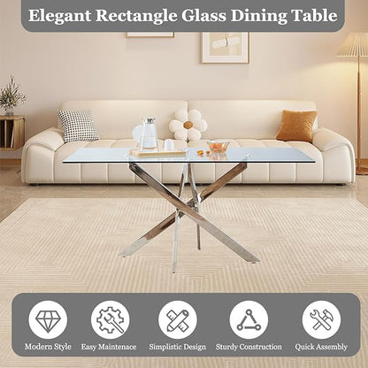 63" Modern Rectangular Glass Dining Table for 4-6, Contemporary Dining Room Table with Tempered Glass Top & Silver Finish Stainless Steel Legs for Kitchen, Home, Dining Room