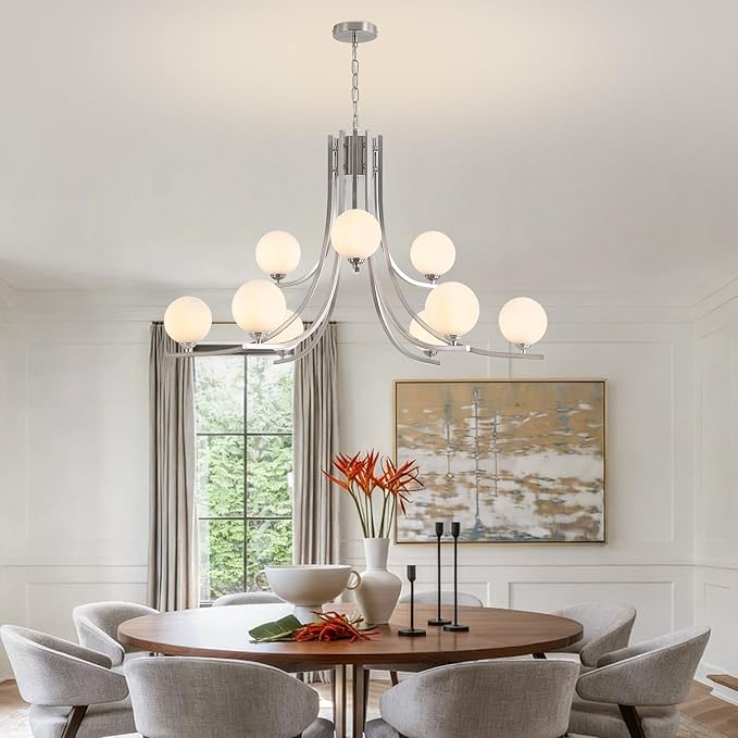 9-Light Nickel Chandelier for Dining Room Lighting Fixtures Hanging,Modern Globe Glass Chandelier, 39" Farmhouse Pendant Lights for Kitchen Island, Living Room