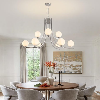 9-Light Nickel Chandelier for Dining Room Lighting Fixtures Hanging,Modern Globe Glass Chandelier, 39" Farmhouse Pendant Lights for Kitchen Island, Living Room