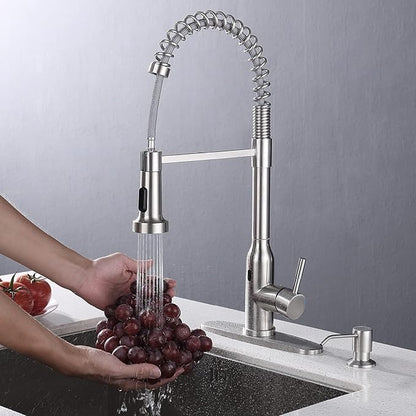 Touchless Kitchen Faucet,KEER Smart Motion Sensor Hands Free Single Handle Spring Kitchen Sink Faucet with Pull Down Sprayer,Brushed Nickel