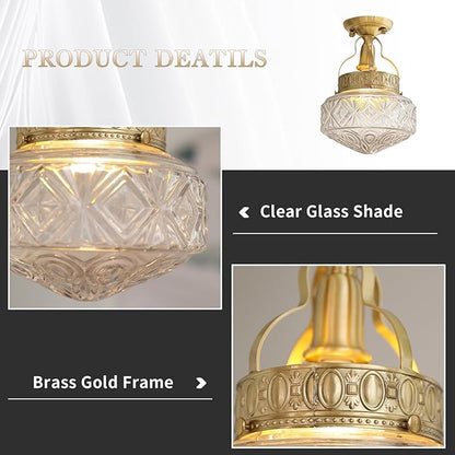KCO Lighting Clear Glass Brass Flush Mount Ceiling Light Large Vintage Globe Ceiling Lighting Brushed Gold Bathroom Semi Flush Mount Ceiling Light Modern Hallway Ceiling Lamp