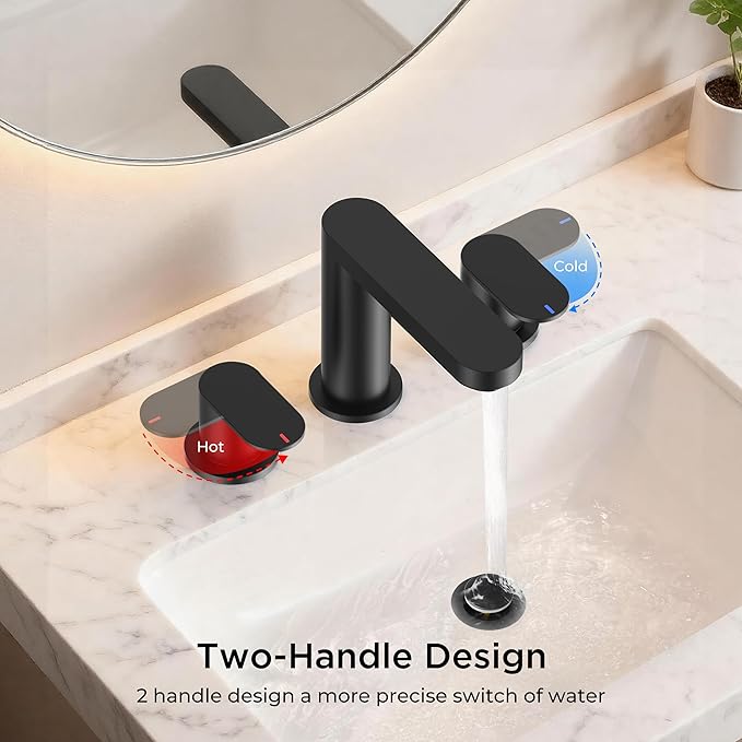 QFN Matte Black Bathroom Faucets 3 Hole, 8 inch Widespread Bathroom Faucet with Pop Up Drain and 24" cUPC Supply Hoses, Lead-Free Two Handles Suitable for 6-12 Inch RV, Restroom, Vanity Sink