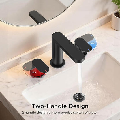 QFN Matte Black Bathroom Faucets 3 Hole, 8 inch Widespread Bathroom Faucet with Pop Up Drain and 24" cUPC Supply Hoses, Lead-Free Two Handles Suitable for 6-12 Inch RV, Restroom, Vanity Sink
