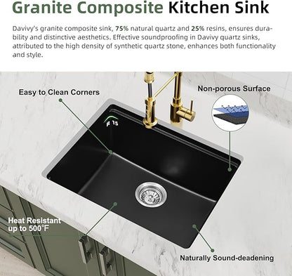 Davivy 22 Inch Black Granite Composite Kitchen Sink Workstation, 22 x 18 Black Undermount/Drop In Kitchen Sink, Deep Quartz Single Bowl with Accessories