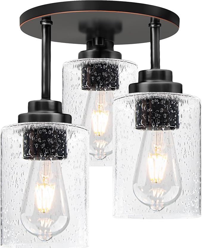 hykolity 3-Light Semi Flush Mount Ceiling Light, 9 Inch Oil Rubbed Bronze Close to Ceiling Light Fixtures with Seeded Glass Shades, Modern Ceiling Lighting for Kitchen, Bedroom, Entryway, ETL Listed