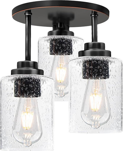 hykolity 3-Light Semi Flush Mount Ceiling Light, 9 Inch Oil Rubbed Bronze Close to Ceiling Light Fixtures with Seeded Glass Shades, Modern Ceiling Lighting for Kitchen, Bedroom, Entryway, ETL Listed