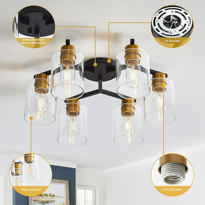 Black and Gold Semi Flush Mount Ceiling Light, 6 Light Vintage Kitchen Ceiling Lighting Fixtures, Large Ceiling Light Fixtures with Clear Glass Shade for Hallway, Living Room, Bedroom, Farmhouse