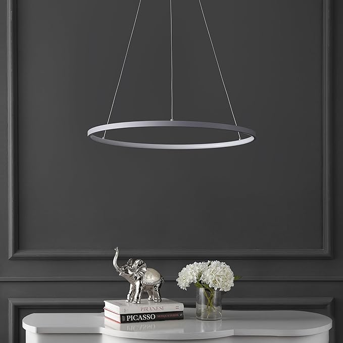 JONATHAN Y 23.75" Gray Modern Integrated LED Pendant Light, Dimmable Round Hoop Chandelier for Kitchen Island, Dining Room, Adjustable Height Metal Hanging Light (JYL7203E)