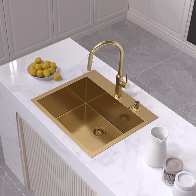 Drop In Kitchen Sink 27 Inch Gold Top Mount Sink 16 Gauge Stainless Steel 2-Hole Deep Single Bowl Kitchen Sinks 27"X22"X10"