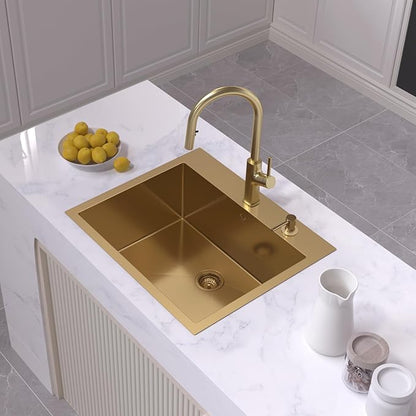 Drop In Kitchen Sink 27 Inch Gold Top Mount Sink 16 Gauge Stainless Steel 2-Hole Deep Single Bowl Kitchen Sinks 27"X22"X10"