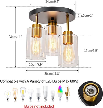 Black and Gold Flush Mount Ceiling Light 3-Light Black Semi Ceiling Light Fixture with Clear Glass Shades, Farmhouse Industrial Gold Brass Kitchen Ceiling Lights for Hallway Entryway Bedroom