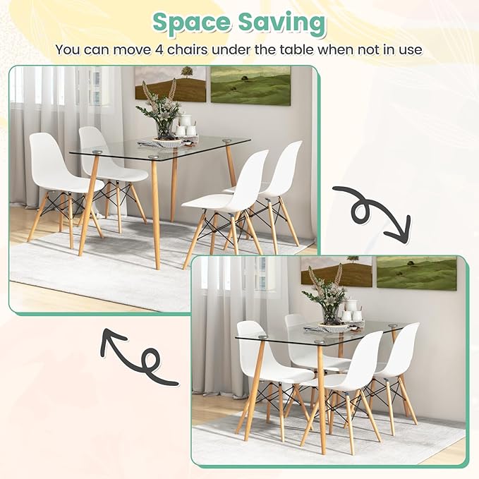 Giantex Dining Table Set for 4, Rectangular Glass Dining Table & 4 White DSW Chairs, 5-Piece Modern Dinette Set for Breakfast Nook, Dining Room, Kitchen, Living Room, White