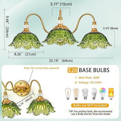 Vintage Bathroom Vanity Light, 3-Light Matte Brass Finish Vanity Light with Floral Green Glass Shades, Retro Wall Sconce for Bathroom, Dressing Table