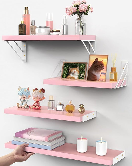 BAYKA Wall Shelves for Bedroom Decor, Pink Floating Wall Shelf for Living Room Kitchen Storage,Mounted Rustic Wood Shelves for Kids Books, Corner Shelf for Bathroom(16in，Set of 4)
