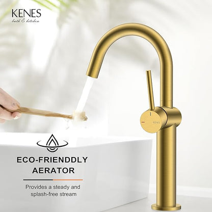 KENES Brushed Gold Tall Bathroom Faucet, Single Handle Vessel Sink Faucet Single Hole, Modern Bathroom Vanity Faucet with Pop Up Drain and Supply Lines, KE-9005C-4
