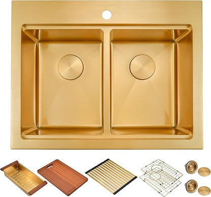 MILOSEN 28 Inch Gold Double Bowl Kitchen Sink, Gold Drop in 16 Gauge T304 Stainless Steel Sinks, Workstation Sink 50/50 Topmount Double Basin with Accessories, 10'' Deep Laundry Outdoor Sinks