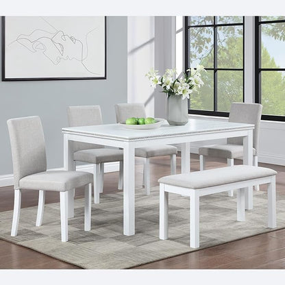 6 Piece Dining Table Set for 6, Rectangular Wooden Table with 4 Upholstered Chairs and 1 Bench, Elegant White Dining Room Set with Crystal Decoration