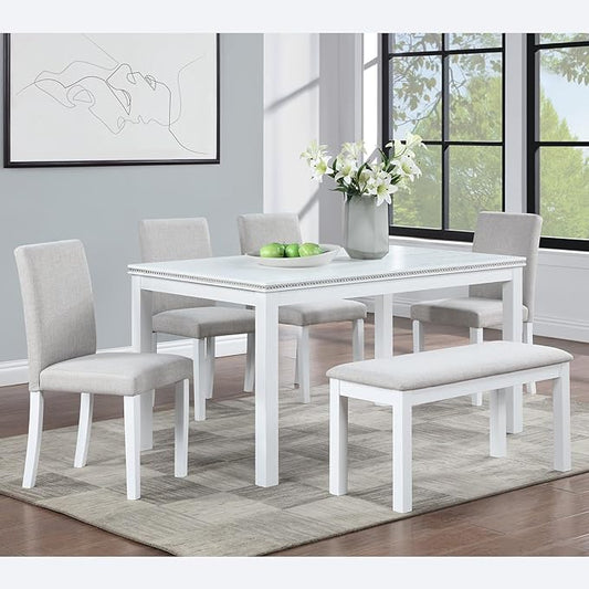 6 Piece Dining Table Set for 6, Rectangular Wooden Table with 4 Upholstered Chairs and 1 Bench, Elegant White Dining Room Set with Crystal Decoration