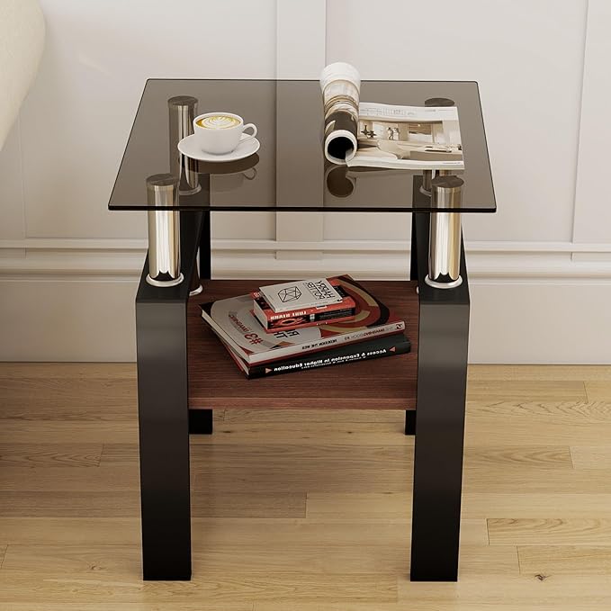Set of 2 Glass End Table, 2-Layer Glass Living Room Table, Modern Tea Table Side Tables for Home Office Furniture