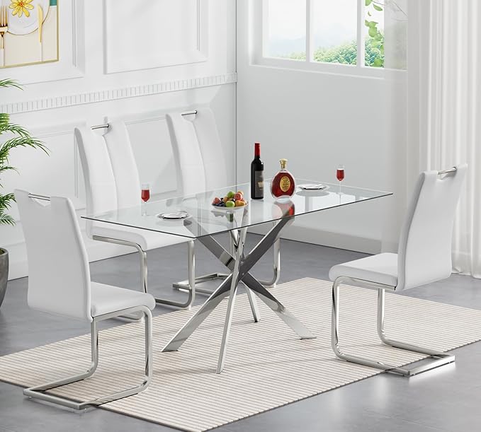 SSLine 51.2" Rectangle Glass Dining Table for 4 Modern Glass Tabletop Kitchen Table for 4 Luxury Dining Room Tables with Silver Nest-Shape Metal Base for Home Kitchen Dining Room
