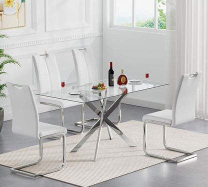 SSLine 51.2" Rectangle Glass Dining Table for 4 Modern Glass Tabletop Kitchen Table for 4 Luxury Dining Room Tables with Silver Nest-Shape Metal Base for Home Kitchen Dining Room
