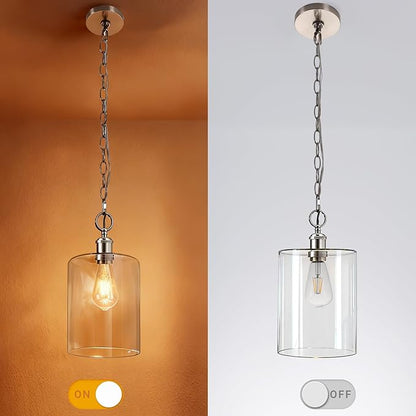 Modern Pendant Light, 7.7" Clear Glass Cylinder Hanging Fixture with Brushed Nickel Finish, Adjustable Chain Chandelier for Kitchen Island Dining Room Hallway Entryway, E26 Base