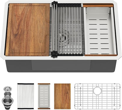 30 x 19 Inch Undermount Kitchen Sink 18 Gauge Stainless Steel Handmade Workstation Sink Round Corners Single Bowl Large Deep Under Counter Kitchen Sinks Basin, 30"x19"x9"