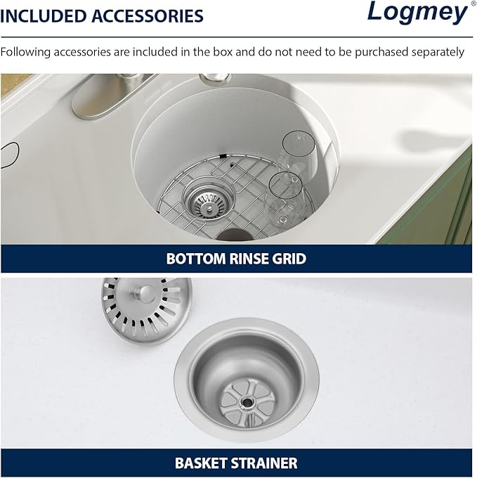 Logmey 18" Round Bar Sink White Granite Composite Quartz Undermount RV Sink Single Bowl Under Counter 9" Deep Kitchen Sinks,18x18x9 Inch