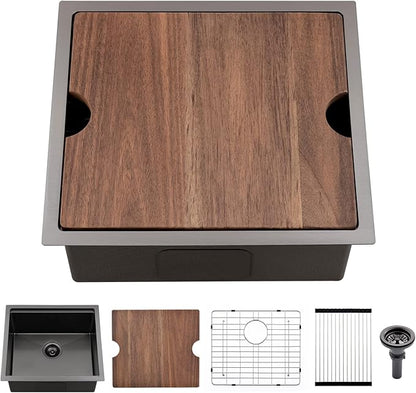 Black Small Kitchen Sink, 21 x 18 Inch Black Stainless Steel Sink Undermount Workstation Wet Bar Prep Kitchen Single Bowl Basin