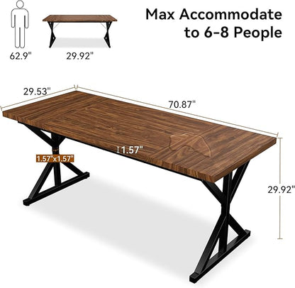 Farmhouse Dining Table for 6 People, 70.8 Inch Rectangular Wood Dining Table, Rustic Kitchen Table with Extra Heavy Duty Metal Legs for Dining Room-Walnut