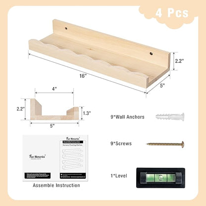 Fun Memories Picture Ledge Shelf for Wall, 16 inch Pine Wood Nursery Book Shelves Set of 4- Wall Book Shelves for Kids Room, Home Decor - Kitchen Spice-Natural