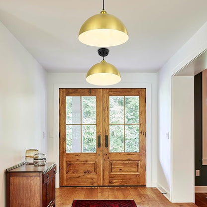 Gold Pendant Light, 12" Farmhouse Ceiling Light with Gold and White, Elegant Semi-Circular Shade Design, Adjustable Height Industrial Dome Pendant Lights for Kitchen Island, Dining Room