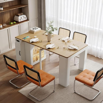 Extendable Dining Table with 3 Removable Middle Leaves, Mobile Rolling Island Table with Power Outlet, Saving-Space Cabinet with Storage for Dining Room and Living Room (Cream White and Natural)