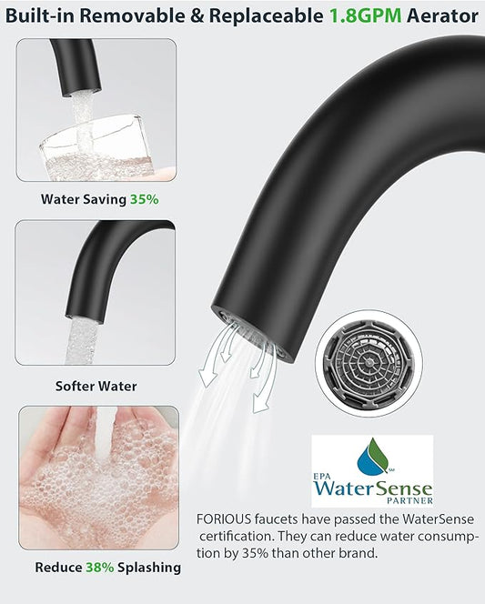 FORIOUS Black Bathroom Faucet 1 or 3 Hole Sink Single Handle, 360° Swivel Gooseneck Spout, Matte Finsh, Leak-Free, with cUPC Supply Line and Metal Pop Up Drain, Suitable for Bar Kitchen RV Vanity
