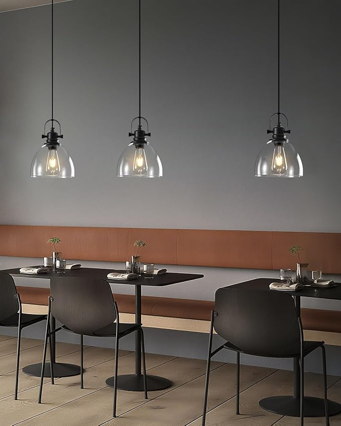 Kitchen Pendant Lights Over Island, 7.5 inch Farmhouse Glass Pendant Light, Industrial Black Pendant Lights Kitchen Island 1-Pack, Hanging Kitchen Pendant Light for Dining Room,Bar, Cafe