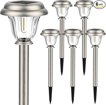 DERAYSION Solar Lights Outdoor Waterproof, Brushed Stainless Steel Glass Solar Pathway Lights, Auto On/Off Long-Lasting Outdoor Solar Lights for Garden, Landscape, Path, Yard 6 Pack