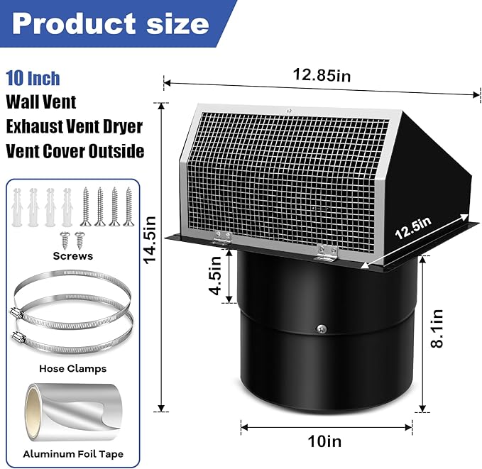 10 Inch Hooded Wall Vent with Screen and Damper, 10 Inch Range Hood Wall Vent Cap, Wall Exhaust Vent Cover, Outdoor Hooded Wall Vent for Dryer Vent, Outside Exterior Mount, Range Hood, Kitchen, Black