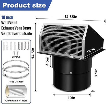 10 Inch Hooded Wall Vent with Screen and Damper, 10 Inch Range Hood Wall Vent Cap, Wall Exhaust Vent Cover, Outdoor Hooded Wall Vent for Dryer Vent, Outside Exterior Mount, Range Hood, Kitchen, Black