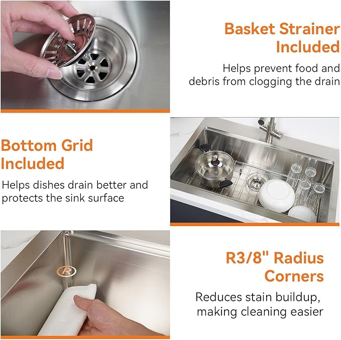 33 x 22 Drop-In/Undermount Kitchen Sink, TECASA Single Bowl Kitchen Sink, 18-Gauge T-304 Stainless Steel Basin with Accessories