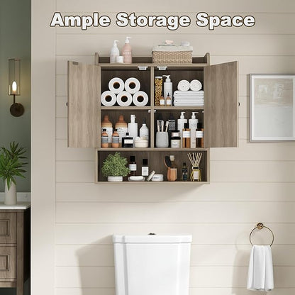 EasyCom 22" W x 26" H Bathroom Wall Cabinet, Farmhouse Medicine Cabinet with Adjustable Shelves and 2 Barn Doors, Over The Toilet Storage Cabinet for Bathroom, Kitchen, Living Room, Oak Grey
