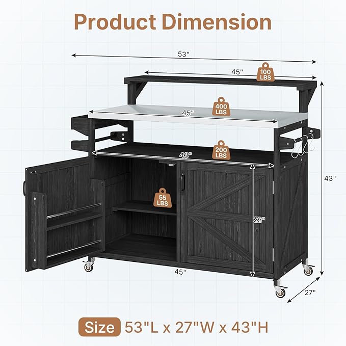 Zevemomo Outdoor Grill Cart with Raised Shelf, Stainless Steel Tabletop Outdoor Kitchen Island, Outdoor Buffet Cabinet with Lockable Wheels, Internal Storage Rack, Spice Rack for Grilling, Black