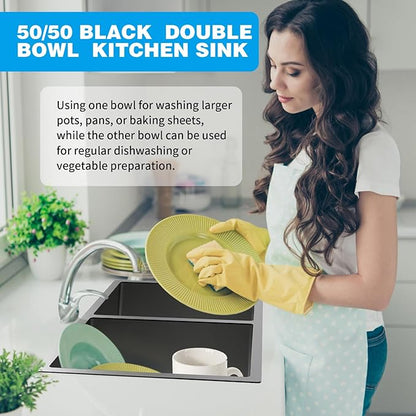 Black Kitchen Sink, 50/50 Double Bowl 33x19x8 Inch Undermount Stainless Steel Drop In Large Kitchen Sink Combo-Stainless Grid, Silicon Mat, Installation Clips For Modern SS Stylish Kitchen&Bar