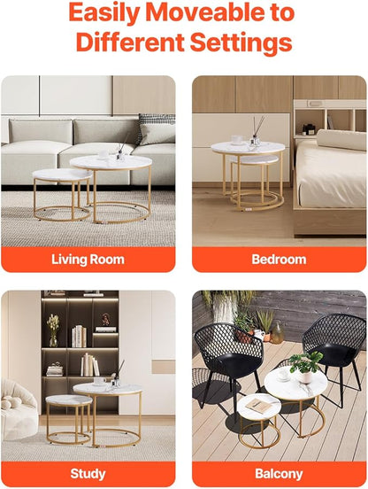 VEVOR Nesting Coffee Table Set of 2, 27.6 in Round Coffee Table, Nesting Tables for Small Place, Vintage End Side Tables Night Stand with Metal Frame, for Living Room, Bedroom, Office (White & Gold)