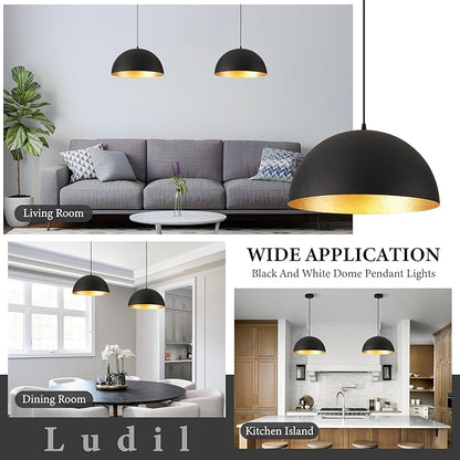 Industrial Pendant Lighting for Kitchen Island, 20 Inch Black and Gold Metal Dome Pendant Light Fixtures, Hemispherical Hanging Ceiling Light E26 Base for Reading Dining Room Foyer Cafe