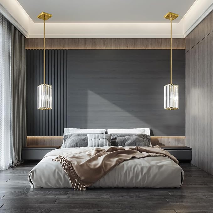 Modern Pendant Light Gold Rectangle Pendant Lighting Mini Crystal Chandeliers Adjustable Pendant Light Fixture for Kitchen Island Dinning Room Living Room Corridor Bedroom(Gold 3-Pack)