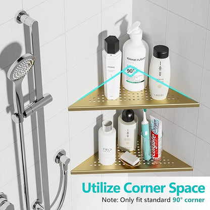 Qeke 2 Pack Bathroom Corner Shelf, Recessed 12" Corner Shower Shelf, SUS304 Stainless Steel Triangular Wall Mount, No Drilling, Brushed Golden