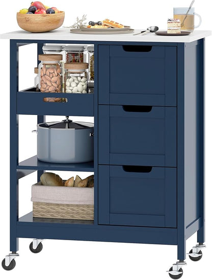 DWVO Solid Wood Top Rolling Kitchen Island Cart, 3 Tier Mobile Kitchen Storage Island Cart with 3 Drawers and 3 Opening Storage Shelves for Kitchen & Dining Area, Navy Blue