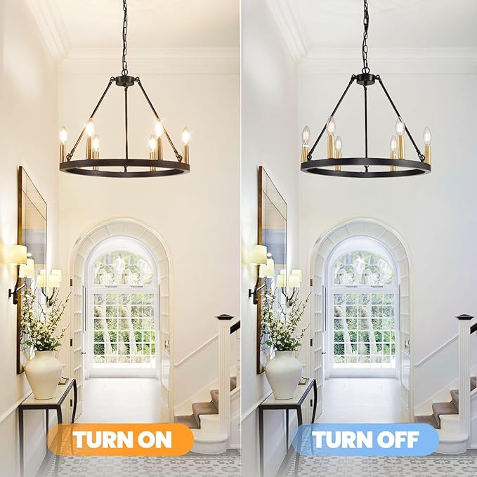 6-Light Black and Gold Chandelier, Farmhouse Wagon Wheel Chandelier, Round Chandeliers for Dining Room, Rustic Kitchen Island Iight Fixtures, Dining Room Light Fixtures Over Table