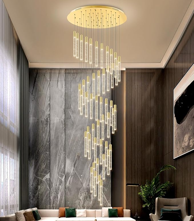HAIXIANG 20 Foot 48-Light Gold High LED Dimmable Chandeliers Ceiling Pendant Light Fixtures Remote Control Light Fixtures Crystal Raindrop Fixtures Living Room Staircase Entrances