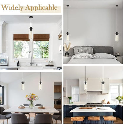 Black Glass Pendant Lights for Kitchen Island, Modern Ribbed Glass Pendant Lighting, Adjustable Cord Single Hanging Light Fixture for Dining Room, Bedroom, Bathroom